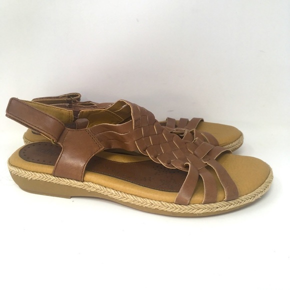 SoftSpots Sandals Braided Brown Leather Straps Open Toe Jute 9.5 - Picture 1 of 9